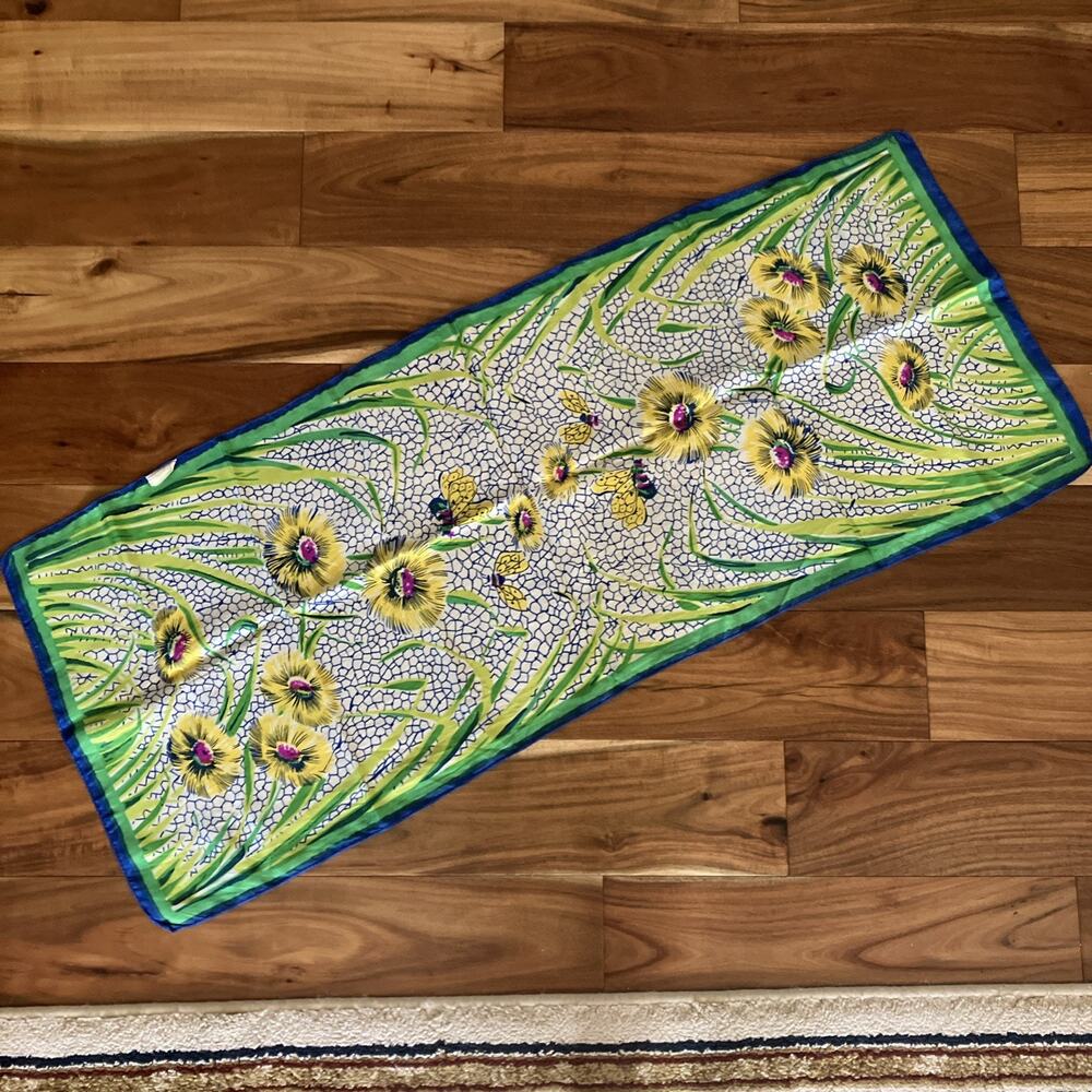 Vtg 1930's Silky Scarf Art Deco Floral Bee's Colorful Hand Rolled Blue MCM Rare - Picture 12 of 16